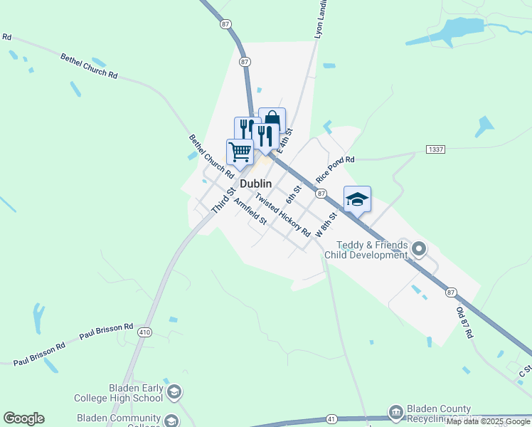 map of restaurants, bars, coffee shops, grocery stores, and more near 176 6th Street in Bladenboro