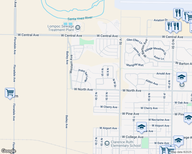 map of restaurants, bars, coffee shops, grocery stores, and more near 1629 Alexander Avenue in Lompoc