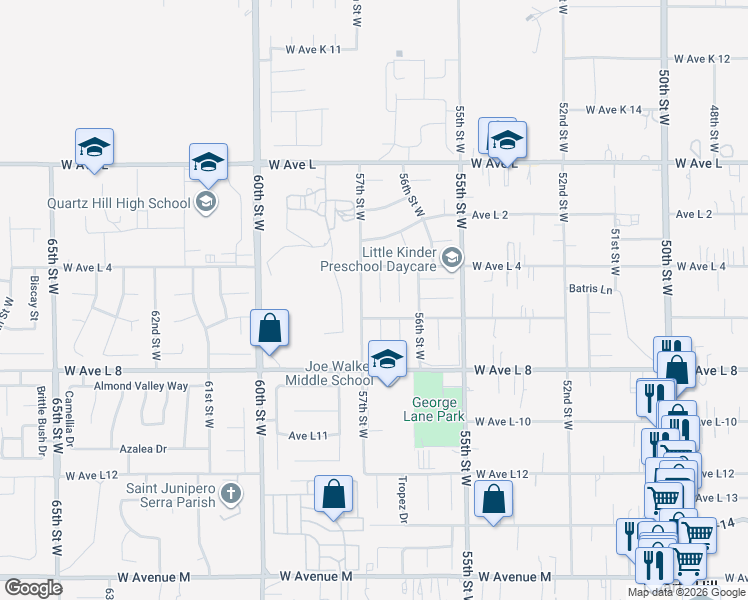 map of restaurants, bars, coffee shops, grocery stores, and more near 42519 Cinnabar Court in Lancaster