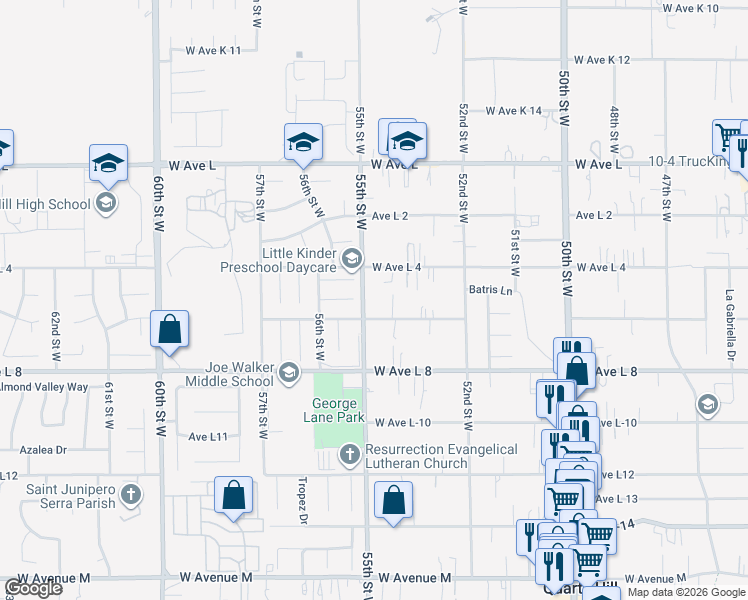 map of restaurants, bars, coffee shops, grocery stores, and more near 42520 55th Street West in Lancaster