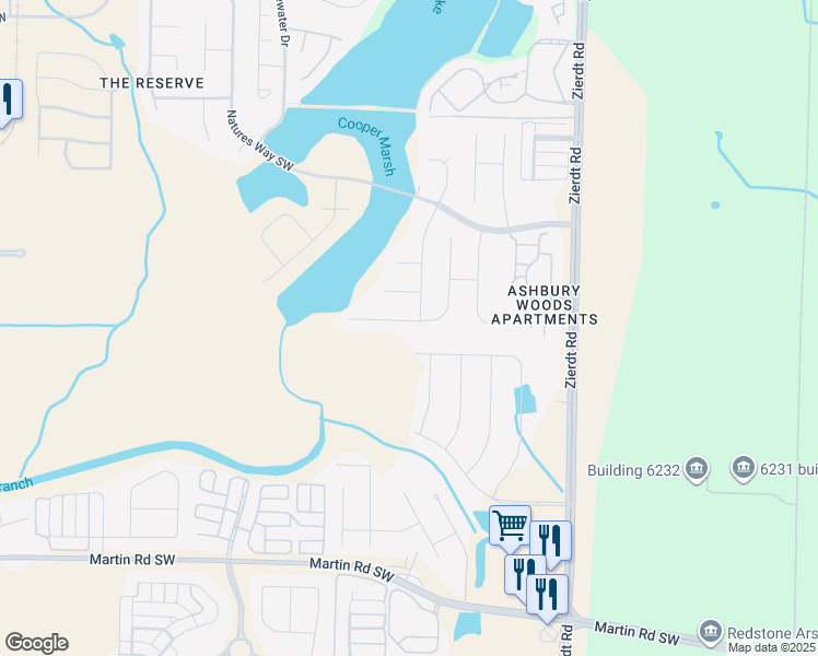 map of restaurants, bars, coffee shops, grocery stores, and more near 133 Misty River Lane Southwest in Huntsville