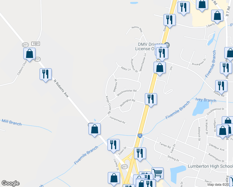 map of restaurants, bars, coffee shops, grocery stores, and more near 3901 Regents Street in Lumberton