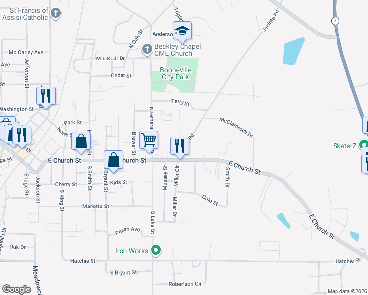 map of restaurants, bars, coffee shops, grocery stores, and more near 213 Jacinto Road in Booneville