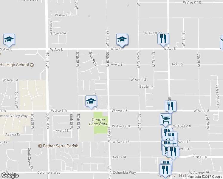 map of restaurants, bars, coffee shops, grocery stores, and more near 42520 55th Street West in Lancaster