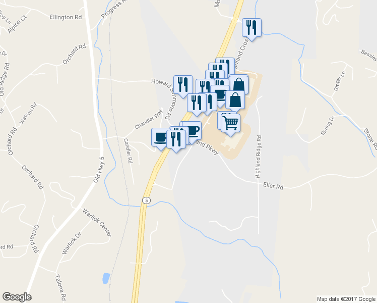 map of restaurants, bars, coffee shops, grocery stores, and more near 60 Highland Crossing in Ellijay