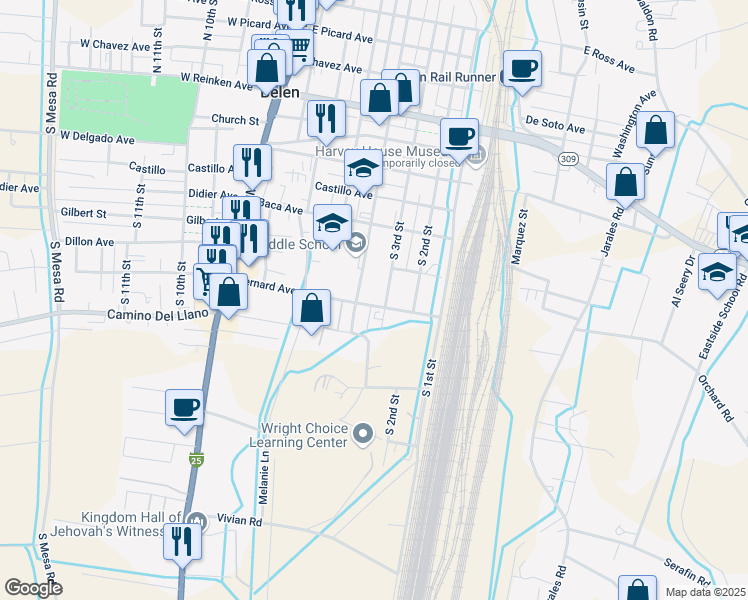 map of restaurants, bars, coffee shops, grocery stores, and more near 411 South 3rd Street in Belen