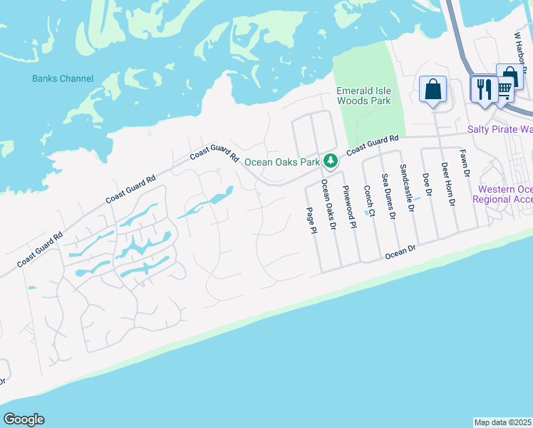 map of restaurants, bars, coffee shops, grocery stores, and more near 9715 Poseidon Rd in Emerald Isle
