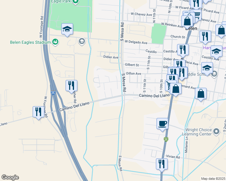 map of restaurants, bars, coffee shops, grocery stores, and more near 1609 Velta Drive in Belen