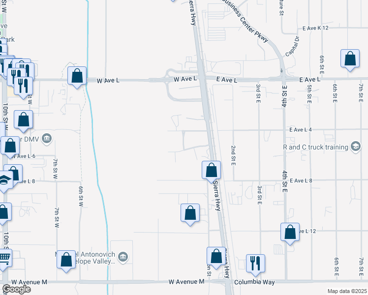 map of restaurants, bars, coffee shops, grocery stores, and more near 42515 Wall Street in Lancaster