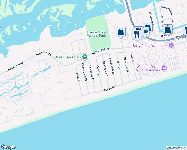 map of restaurants, bars, coffee shops, grocery stores, and more near 120 Pinewood Place in Emerald Isle