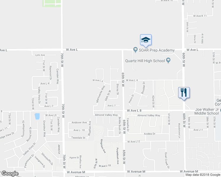 map of restaurants, bars, coffee shops, grocery stores, and more near 66th Street West in Lancaster