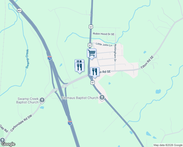 map of restaurants, bars, coffee shops, grocery stores, and more near 101 Tilton Road Southeast in Dalton