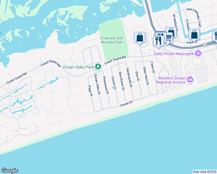 map of restaurants, bars, coffee shops, grocery stores, and more near 120 Pinewood Place in Emerald Isle