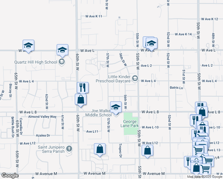 map of restaurants, bars, coffee shops, grocery stores, and more near 42525 Cinnabar Court in Lancaster