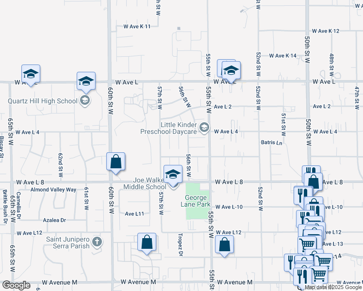 map of restaurants, bars, coffee shops, grocery stores, and more near 42522 Coronet Court in Lancaster