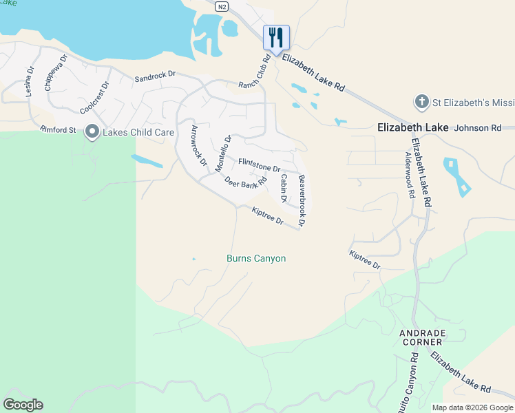 map of restaurants, bars, coffee shops, grocery stores, and more near Kiptree Drive in Elizabeth Lake