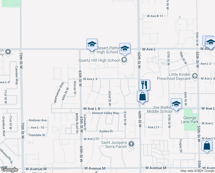 map of restaurants, bars, coffee shops, grocery stores, and more near 62nd Street in Lancaster