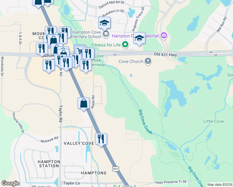 map of restaurants, bars, coffee shops, grocery stores, and more near 183 Shaney Drive in Owens Cross Roads