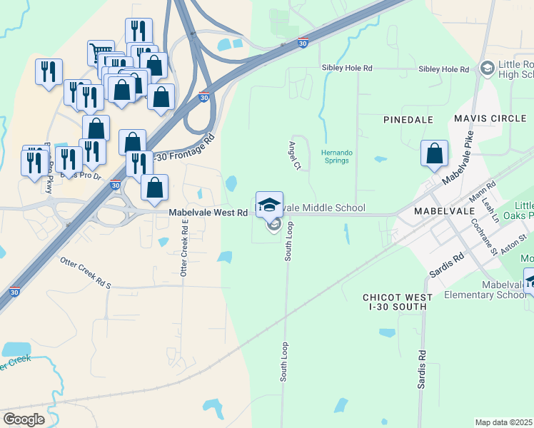 map of restaurants, bars, coffee shops, grocery stores, and more near 10721 Mabelvale West Road in Little Rock