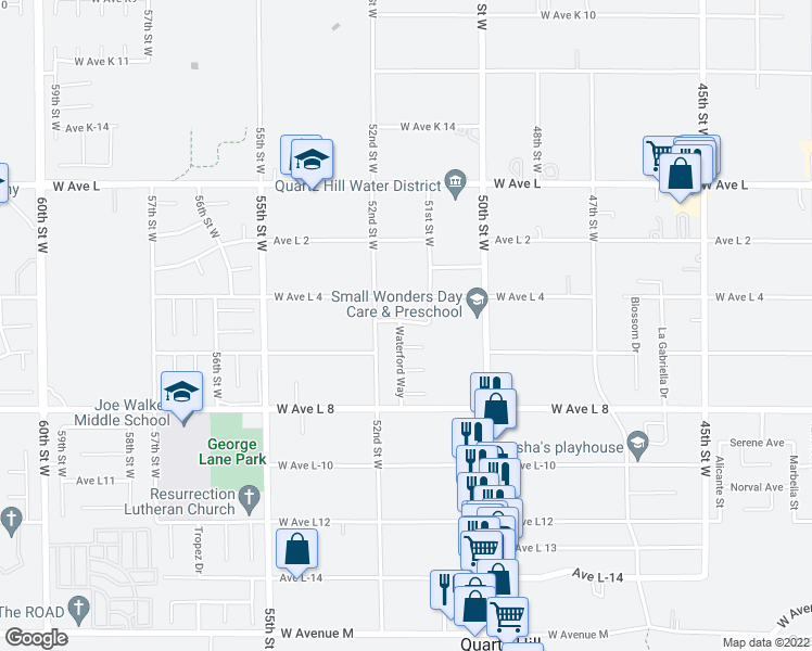 map of restaurants, bars, coffee shops, grocery stores, and more near 5130 Batris Lane in Quartz Hill
