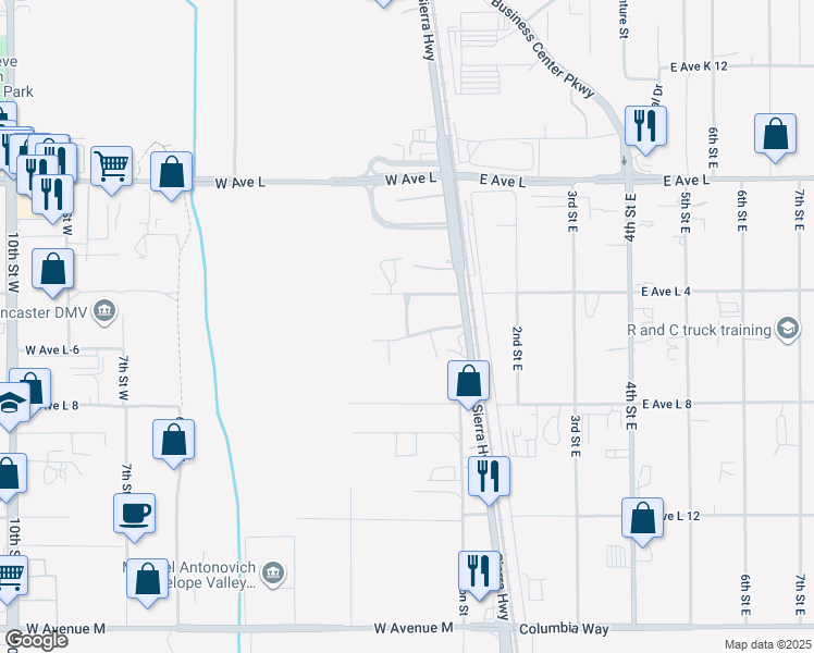 map of restaurants, bars, coffee shops, grocery stores, and more near 42515 Wall Street in Lancaster