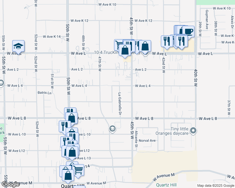 map of restaurants, bars, coffee shops, grocery stores, and more near 42531 La Gabriella Drive in Quartz Hill