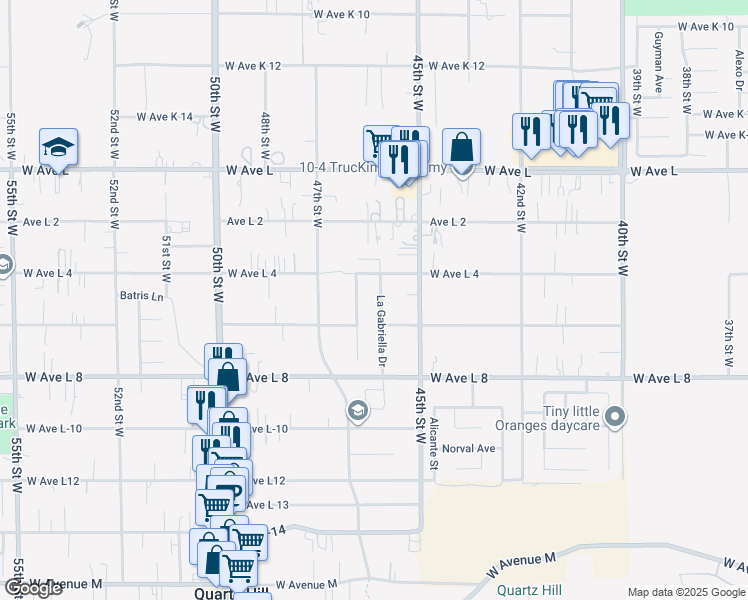 map of restaurants, bars, coffee shops, grocery stores, and more near 42531 La Gabriella Drive in Quartz Hill
