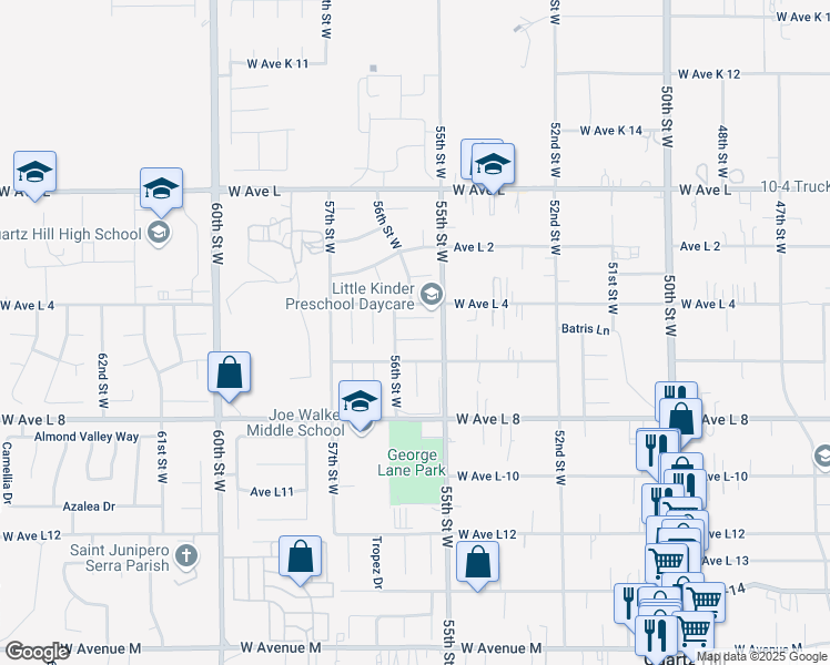 map of restaurants, bars, coffee shops, grocery stores, and more near 5532 Cordiva Court in Lancaster