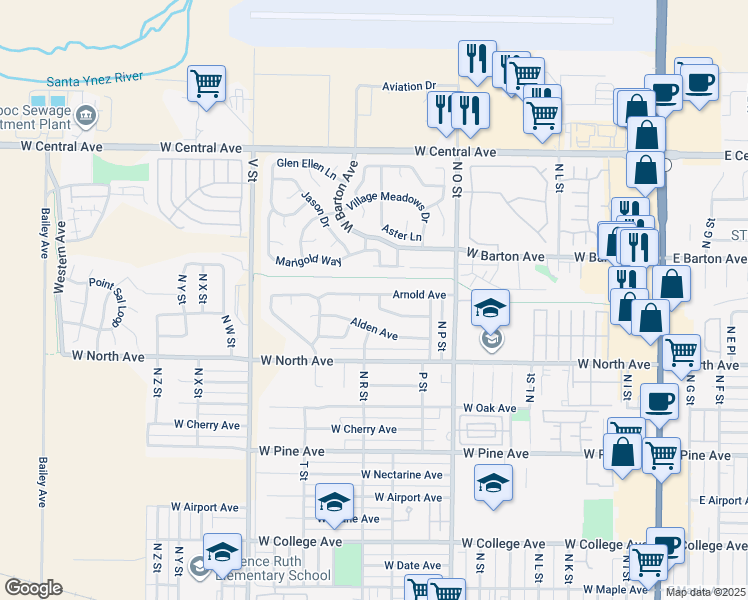 map of restaurants, bars, coffee shops, grocery stores, and more near 1024 West Anthony Way in Lompoc