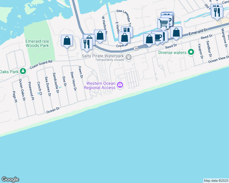 map of restaurants, bars, coffee shops, grocery stores, and more near 9100 Reed Drive in Emerald Isle