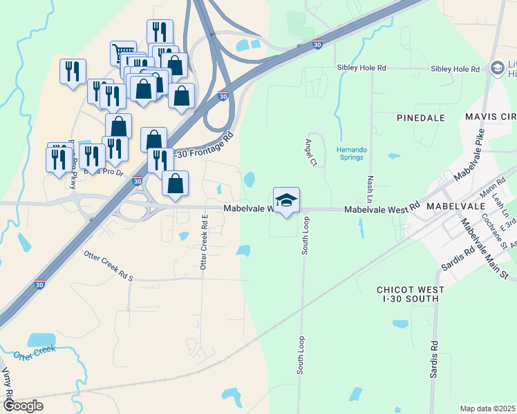 map of restaurants, bars, coffee shops, grocery stores, and more near 10822 Mabelvale West Road in Little Rock