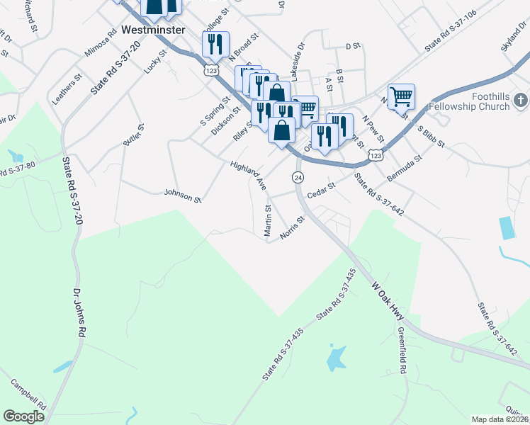 map of restaurants, bars, coffee shops, grocery stores, and more near 116A Martin Street in Westminster