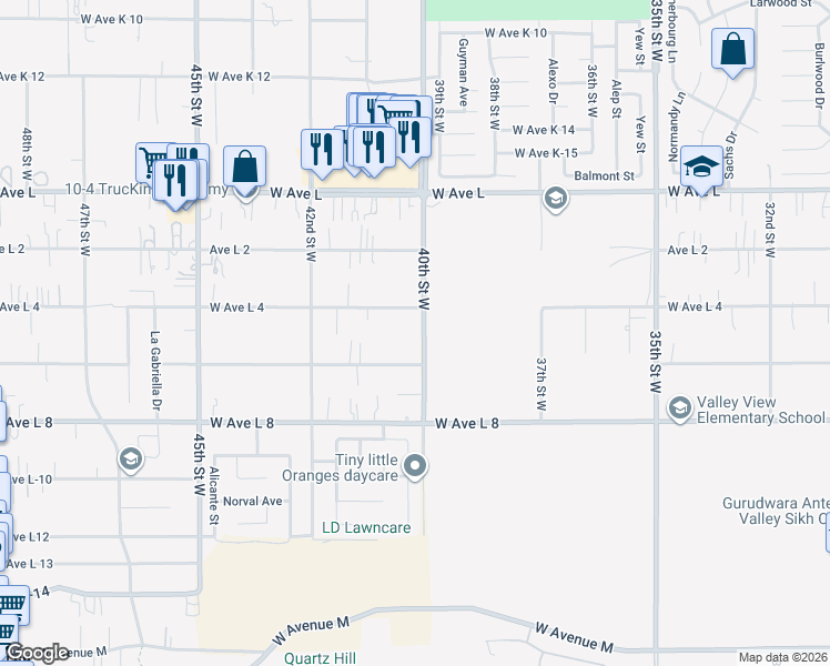 map of restaurants, bars, coffee shops, grocery stores, and more near 42545 40th Street West in Lancaster