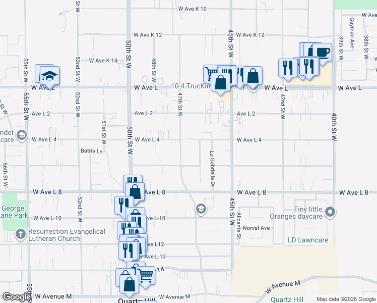 map of restaurants, bars, coffee shops, grocery stores, and more near 42755 40th Street West in Quartz Hill