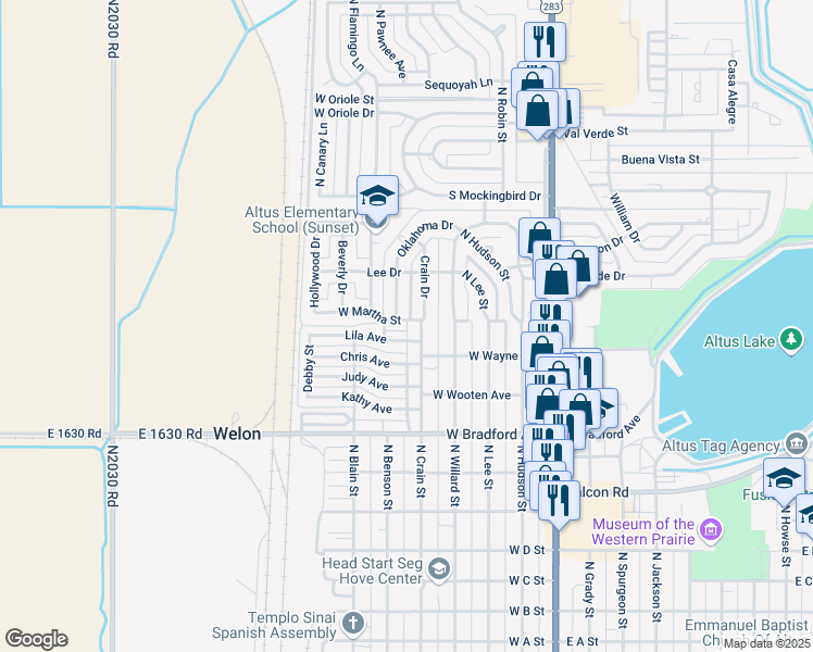 map of restaurants, bars, coffee shops, grocery stores, and more near 1701 Oklahoma Drive in Altus