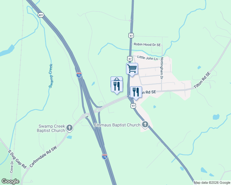 map of restaurants, bars, coffee shops, grocery stores, and more near 120 Carbondale Road Southwest in Dalton
