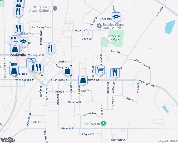map of restaurants, bars, coffee shops, grocery stores, and more near 101 Miller Street in Booneville
