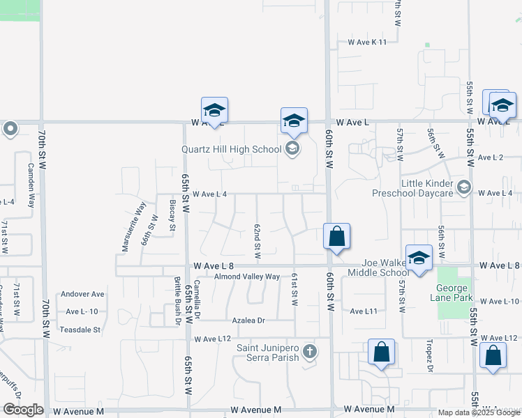 map of restaurants, bars, coffee shops, grocery stores, and more near 42534 62nd Street West in Quartz Hill