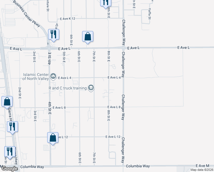 map of restaurants, bars, coffee shops, grocery stores, and more near 42529 8th Street East in Lancaster