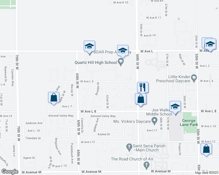 map of restaurants, bars, coffee shops, grocery stores, and more near 42534 62nd Street West in Quartz Hill