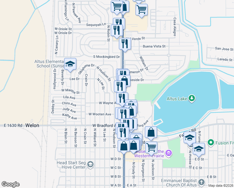 map of restaurants, bars, coffee shops, grocery stores, and more near 1624 North Hudson Street in Altus