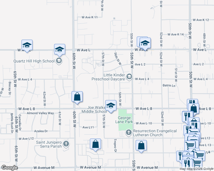 map of restaurants, bars, coffee shops, grocery stores, and more near 42531 Cinnabar Court in Lancaster