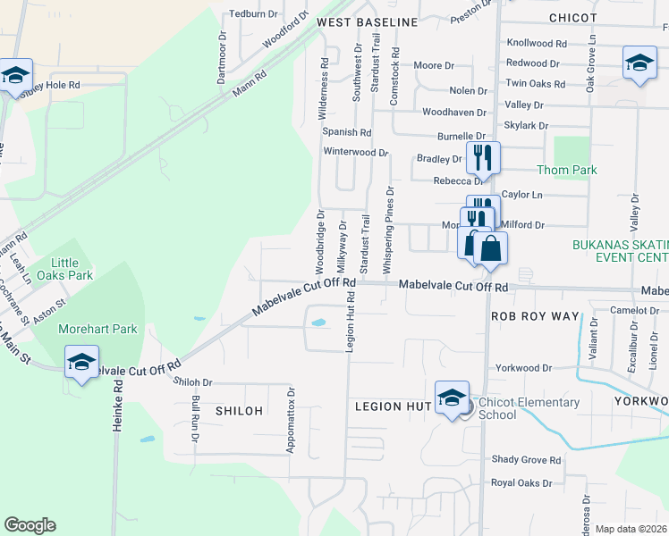 map of restaurants, bars, coffee shops, grocery stores, and more near 10403 Milkyway Drive in Little Rock