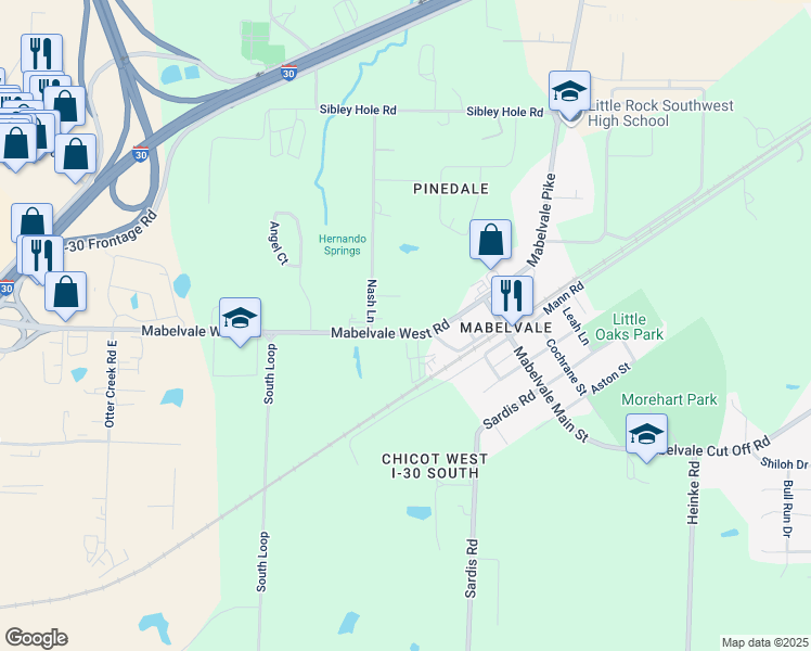 map of restaurants, bars, coffee shops, grocery stores, and more near 10224 Mabelvale West Road in Little Rock