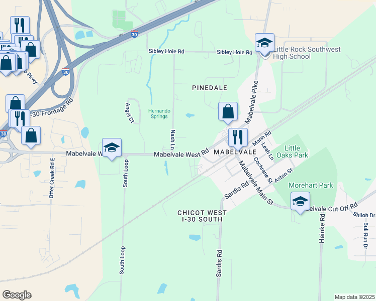 map of restaurants, bars, coffee shops, grocery stores, and more near 10224 Mabelvale West Road in Little Rock