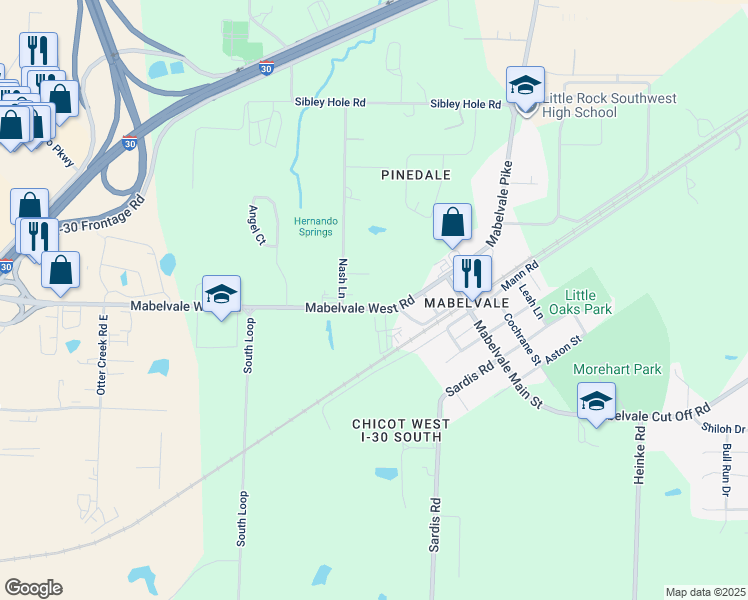 map of restaurants, bars, coffee shops, grocery stores, and more near 10224 Mabelvale West Road in Little Rock
