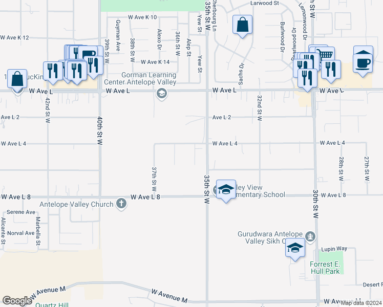 map of restaurants, bars, coffee shops, grocery stores, and more near 42541 Yew Street in Lancaster