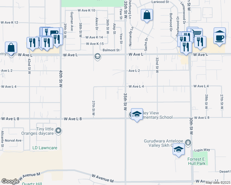 map of restaurants, bars, coffee shops, grocery stores, and more near 42541 Yew Street in Lancaster