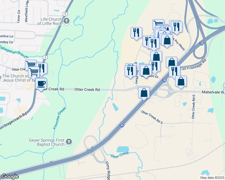 map of restaurants, bars, coffee shops, grocery stores, and more near Otter Creek Road in Little Rock