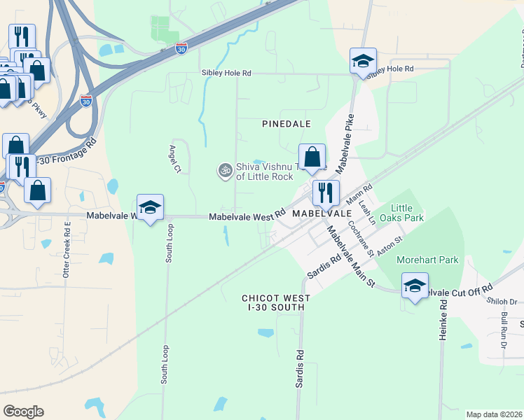 map of restaurants, bars, coffee shops, grocery stores, and more near 10224 Mabelvale West Road in Little Rock